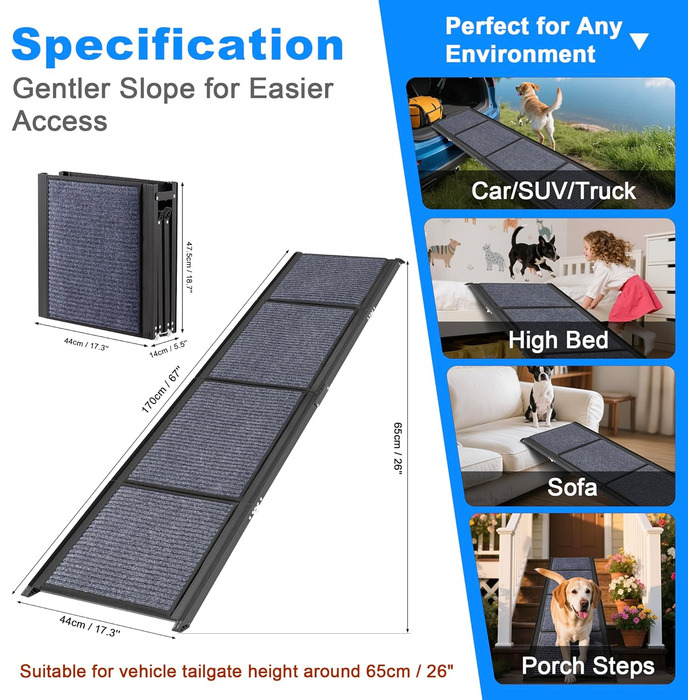 Рампа для собак COSIEST, 160 см x 43.9 см, складана, до 113.4 кг, з антиковзким покриттям, для SUV, вантажівок, ліжок, диванів