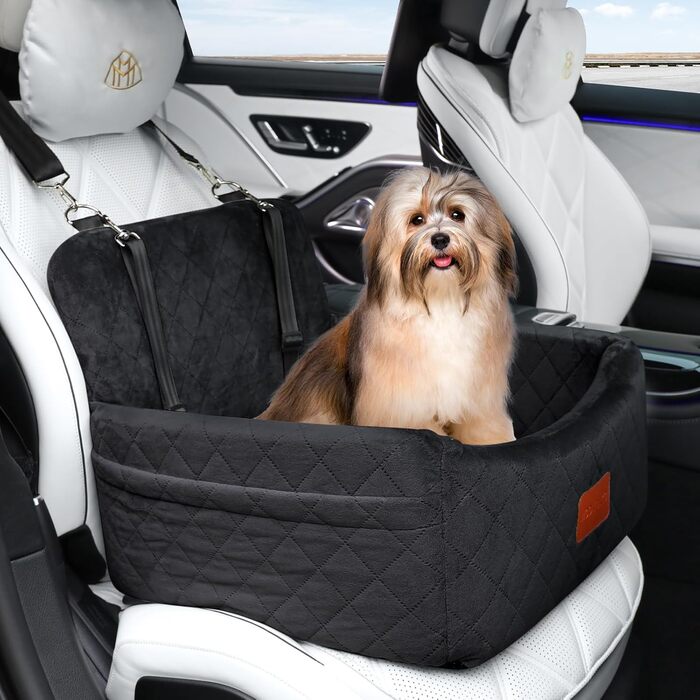 Автокрісло для собак WOOAIDAGG до 11,3 кг, м'яке дорожнє ліжко з memory foam, знімний чохол, кишені, ремінь безпеки, протиковзке, чорне