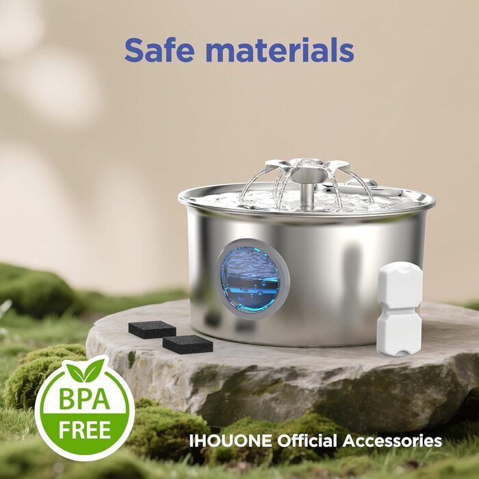 Джерело питної води для котів та собак з нержавіючої сталі, 2.6л, з вікном рівня води, дизайн водоспаду, з фільтрами (6 губок + 6 вугільних фільтрів)