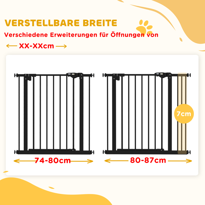 PawHut Door Gate Guard, Шлагбаум, 74-87 см, Сходові ворота для домашньої тварини, Ворота для собаки в т.ч. різні надставки, Захисні ворота без свердління, Метал, Пластик, Чорний | Аосом