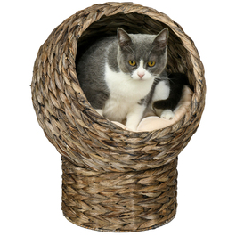 PawHut Ротанг Кошик для кішок Cuddly Cat Cave з подушкою, ліжко для вихованця з водяного гіацинта темно-коричневий 42x33x52см для розслаблених котів
