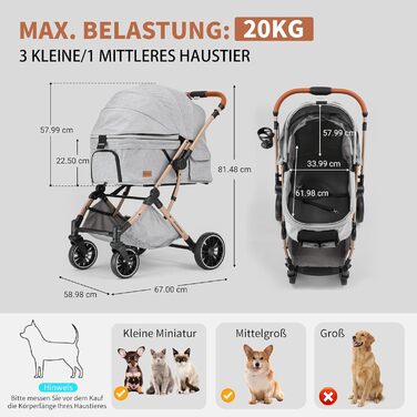 Візок для собак EchoSmile, складаний, до 20 кг, для маленьких та середніх собак та котів, з регульованою ручкою, амортизаторами та знімним чохлом (сірий)