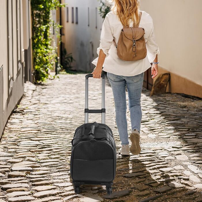 Сумка-переноска для тварин з екошкіри на колесах, для собак та котів до 6,8 кг, підходить для авіаперельотів, кемпінгу (чорна)