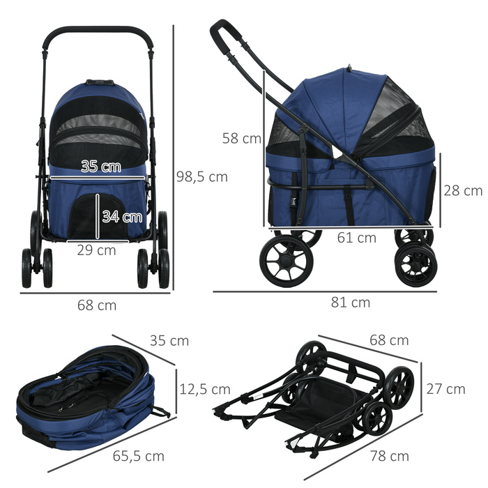 PawHut Dog Buggy 2 в 1 з чохлом від дощу Складаний візок для собак для маленьких собак і кішок 81x68x98.5 см Темно-Синій