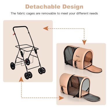 Візок для тварин GOPLUS 2-рівневий складний, 3-в-1, для котів та собак (Бежевий)