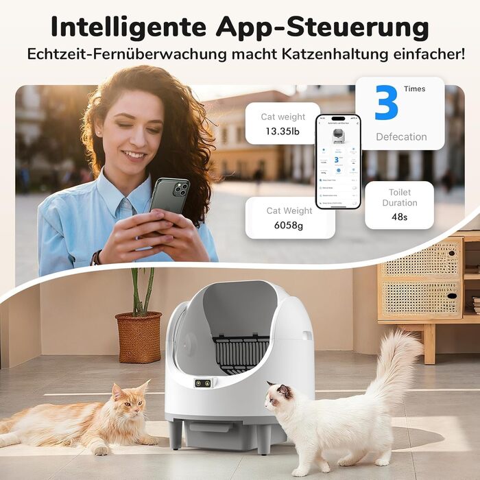 Автоматичний лоток для котів Katzenklo з самоочищенням, з датчиком безпеки та керуванням через додаток, великий об'єм, антизажим, відкритий тип