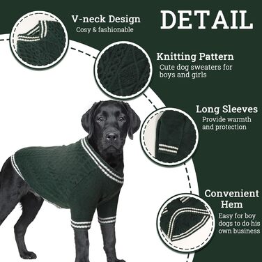 Теплий в'язаний пуловер для собак великих порід (зелений, розмір L) - Французький бульдог, Лабрадор, Німецька вівчарка