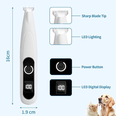 Триммер для догляду за лапами собак та котів з LED-підсвіткою, цифровим дисплеєм, вологостійкий, бездротовий, тихий, USB-зарядний, професійний