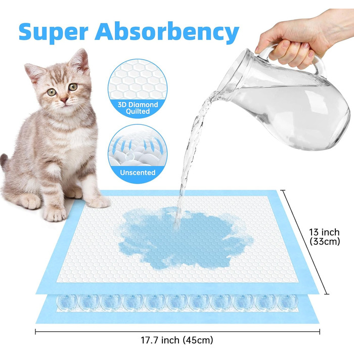 Певзон: 50 пелюшок для котячого туалету, 45x33 см, для котячих туалетів, всмоктуючі пелюшки для котів, 6-шаровий, витримують протікання (блакитні)