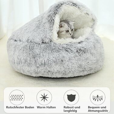 М'яка котяча лежанка-печера з капюшоном, затишна лежанка для котів та кошенят, плюшева, миюча, 60 см