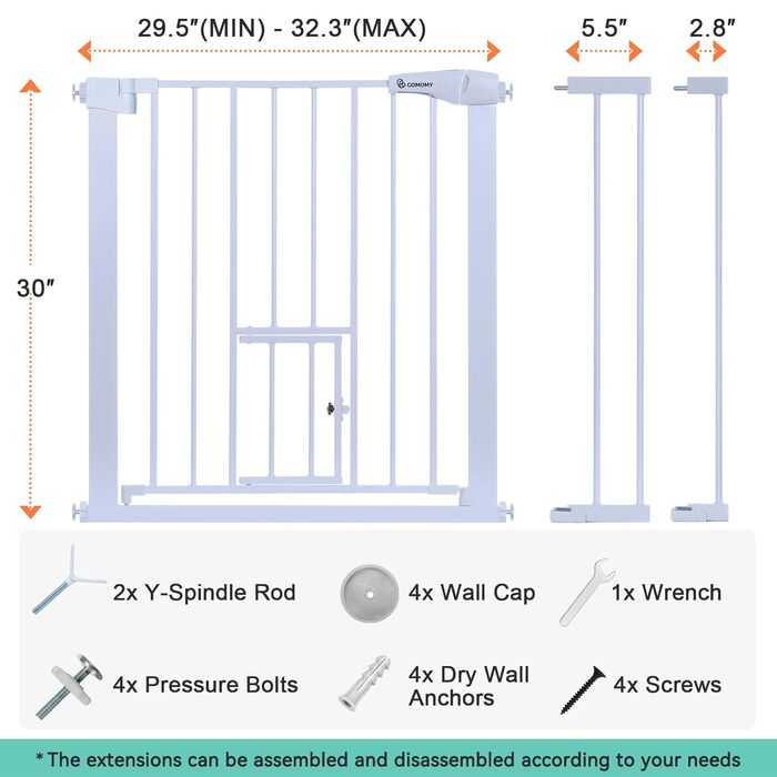 Захист для дверей COMOMY з дверцятами для котів, 75-103 см. Захист для собак та котів без свердління, автоматичне закриття, розширюваний, білий