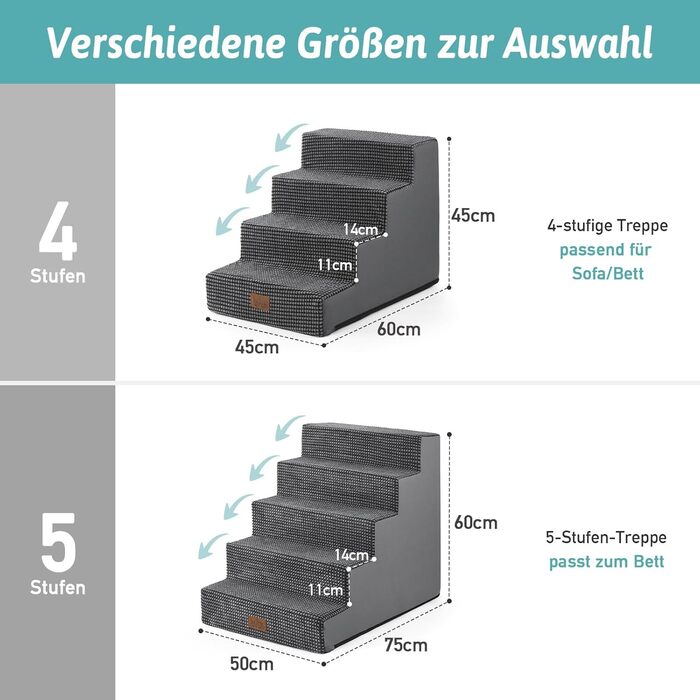 Сходинка для собак маленьких порід, 5 сходинок, 60 см, знімний чохол (темно-сірий, 75x50x60 см)