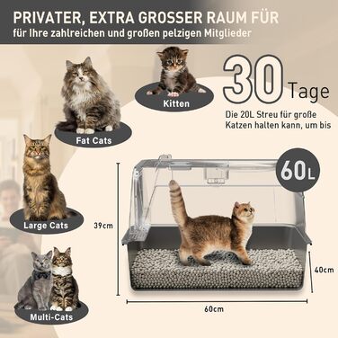 Місцезнаходження Katzenklo Edelstahl з кришкою, XXL туалет для котів закритий з двома відсіками для наповнювача, килимок для наповнювача та лопатка, двостулковий дизайн, легко чистити, утримує запах, сірий