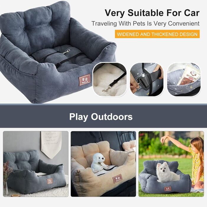 PETCUTE: Зручний автокрісло для собак, сірого кольору. Безпечний кріплення, знімний килимок, кишені для зберігання. Підходить для маленьких собак