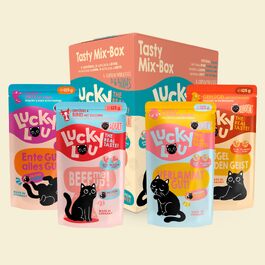 Подарунковий набір кормів Lucky Lou для котів: вологий, сухий та ласощі без зерна та цукру, мікс смаків (125 г, 6 шт)