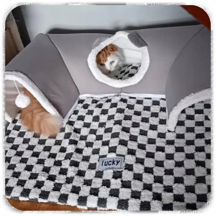 Плюшеве ліжко-шахівниця для котів з тунелем 2в1, сіре, розмір XL 86x70x26 см