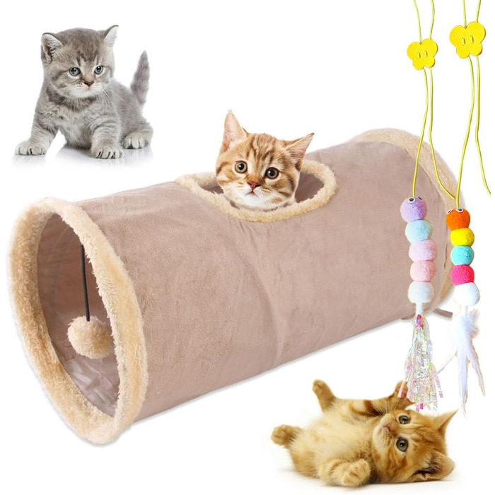 Туннель для котів Mymai з м'яким велюровим покриттям, інтерактивний шурхотливий тунель з 2 підвісними іграшками, ідеальний для кроликів та інших дрібних тварин (Хакі)