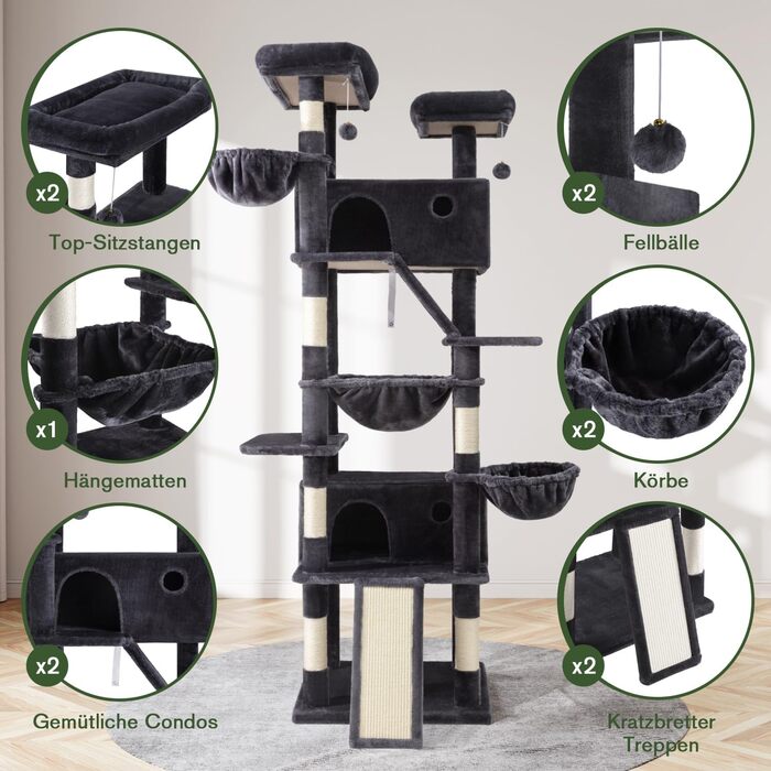 Котячий будиночок MUTICOR з когтеточкою, 206 см, багатоярусний, для великих котів, з гамаком, плюшеві платформи, широка база (темно-сірий)