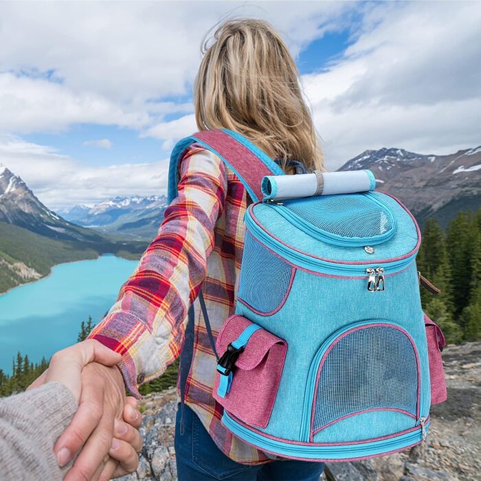 PETCUTE Рюкзак-переноска для собак і котів, дихаючий, знімний килимок, безпечна повідка, для подорожей, походів, кемпінгу, до 6 кг, блакитний + рожевий