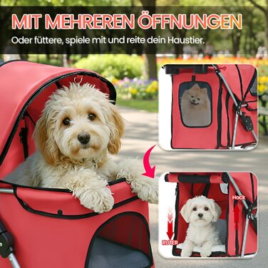 Візок для собак FDW, складний, для котів та собак з обертовими колесами на 360°, з кошиком для зберігання, подушкою та сітчастими віконцями, тримачем для напоїв, до 15 кг, червоний