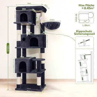 Драбина-кіготь Globlazer для котів, 168 см, з 3 будиночками, великою платформою, 5 стовпчиками з сизалю, кошиком та іграшками. Підходить для 3-4 дорослих котів (F66, темно-сірий)