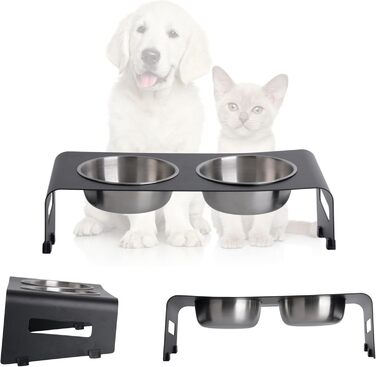 Підставка для корму PETLINUS для котів, піднята годівниця, ергономічна миска для котів, миска для котів з нержавіючої сталі та металу, годівниця для котів та маленьких собак (Чорний - Нахилена)