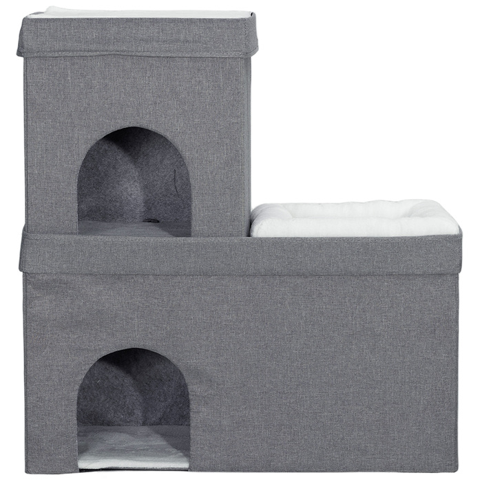 PawHut Cat Cave Cat House, Будиночок для кішок з 3 ярусами, Лежанок для кішки з подушкою, Будиночок для собаки до 5 кг, 74 x 37.5 x 78.5 см, Сірий | Аосом