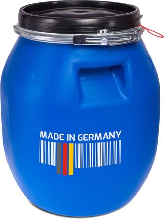 Пластикове відро Plasteo® 30 літрів з кришкою на затискач | Харчовий пластик | Контейнер для корму | Герметичне закриття | Складається в стос та підходить для палет | Міцні ручки | Синій