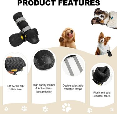 Водонепроникні собачі чоботи з неслизькою підошвою та світловідбиваючими смугами. Чоботи для собак з міцної шкіри та гумової підошви, захист лап для собак маленьких, середніх та великих порід. 4 шт. (Розмір L, Чорний)