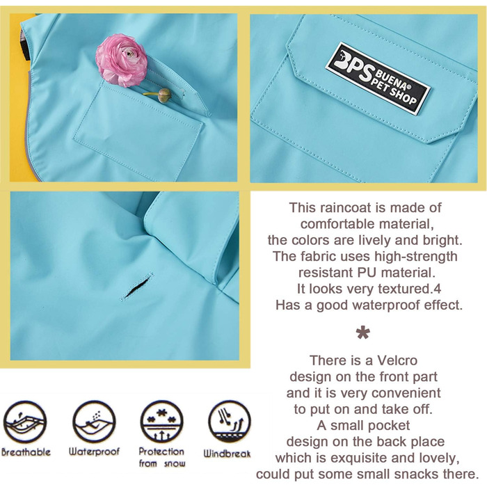Водонепроникний дощовик для собак BPS з капюшоном та кишенею, 100% поліестер, блакитний, розмір M, BPS-9701AZ (пакет з 1)
