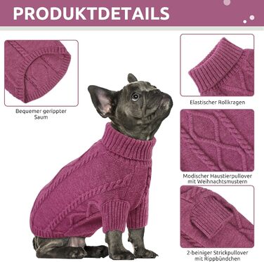 Світер для собак Queenore: теплий, стильний, з в'язаним візерунком для дрібних порід (такса, французький бульдог, чихуахуа, коргі, коти). Розмір S, колір слива.