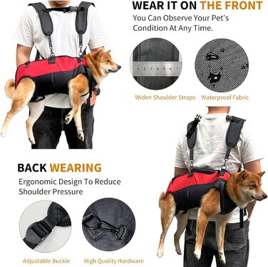 PETCUTE Рюкзак-переноска для собак, жилет-рюкзак для великих собак, повний жилет з ручкою, регульований рюкзак для собак з артритом, старих собак, з проблемами суглобів, чорний+червоний, 7.5-15 кг