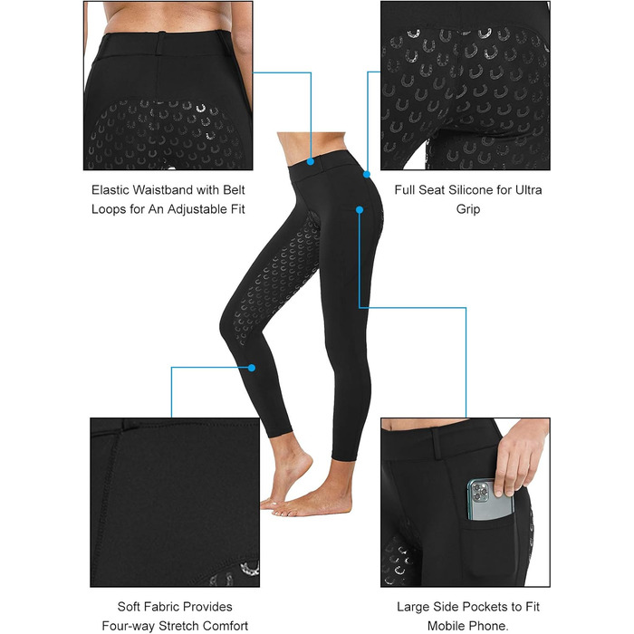 Легінси для верхової їзди жіночі FitsT4 Sports з силіконовим покриттям, кишенею для телефону та петлями для ременя, чорні, XL