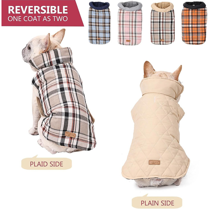 Зимовий одяг для собак, водонепроникна тепла куртка для малих, середніх та великих собак, для активного відпочинку на вулиці з отвором для повідка, двостороння куртка в клітинку, бежевого кольору, розмір L