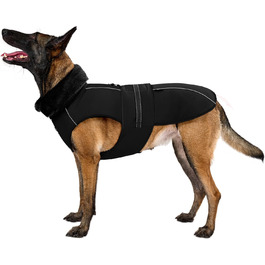 Водонепроникний собачий одяг OneTigris STORMWALL для великих собак, чорний, з флісовою підкладкою та регульованою довжиною, з відбиваючими елементами та коміром з хутра, для прогулянок на природі, розмір L (27-41 кг)