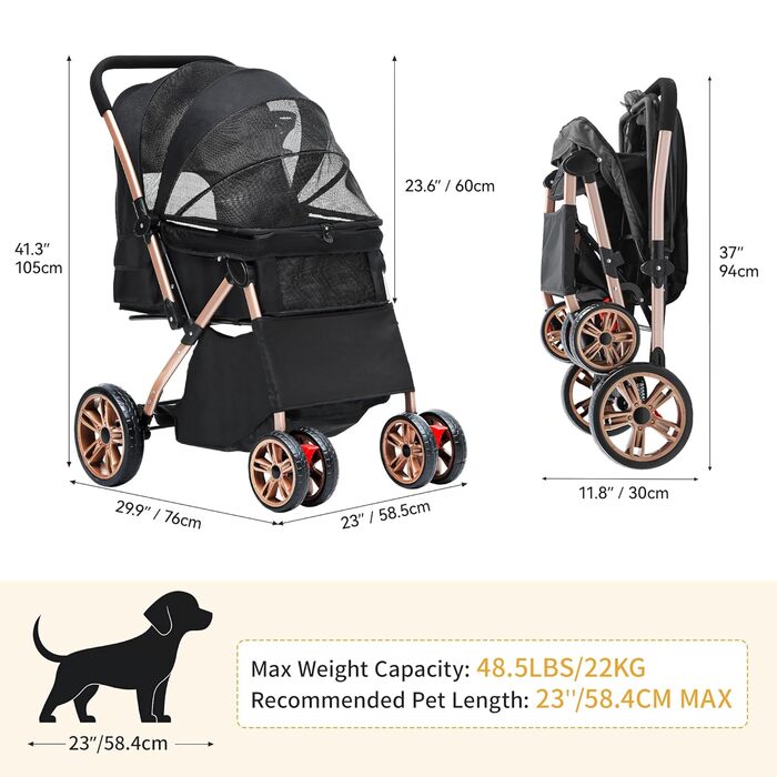 Візок для собак DWVO 3-в-1: візок, переноска, сумка. До 22 кг, EVA-колеса, сітчасті вікна, чорний (58,5x76x105 см)