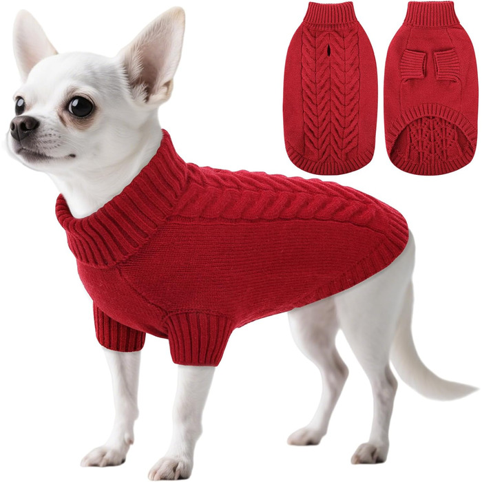 Пуловер для собак маленьких порід ASENKU, теплий зимовий пуловер для собак, зручний, з коміром-стійкою, червоний (XS)