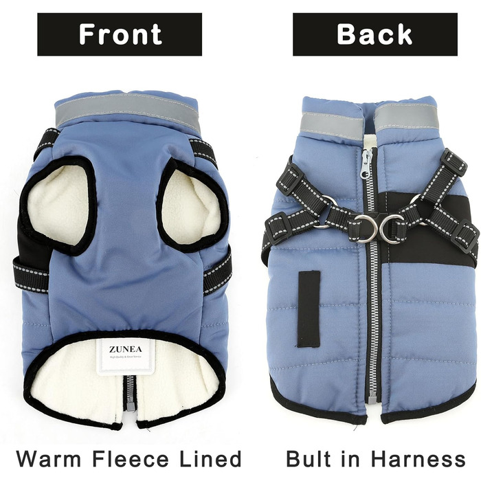 Зуена Тепла куртка для собак на зиму з поворотком для шлейки, світловідбиваючі елементи, водонепроникна, флісова підкладка, XS/S, блакитна