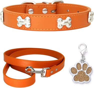 Нашийник для собак HALFSUO з шкіри та поводок Cobo: набір для малих та середніх собак та котів (L, помаранчевий)