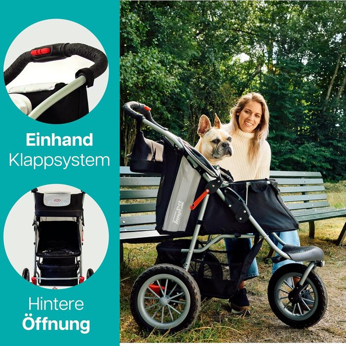 Візок для собак Innopet Comfort EFA Eco чорний/червоний – складний візок для собак/кішок, підходить для лісових стежок та пляжу, з великими колесами 30 см, вантажопідйомність 25 кг, 2 повідки всередині (Чорний Сріблястий)