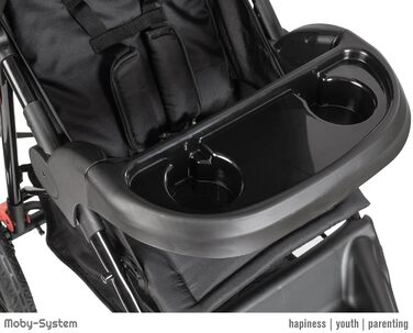 Дитяча коляска Moby-System Runner Mountain 3-колісна з дощем, вантажопідйомність 15 кг, комплект аксесуарів, 5-точкова система ременів, відбивачі, віконце та кошик для речей - Чорний