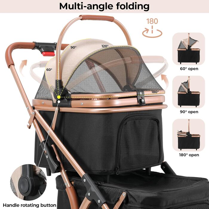 Візок для собак Mamizо 4 в 1, чорний, для 2 тварин до 15 кг, з переносною сумкою та колесами PU