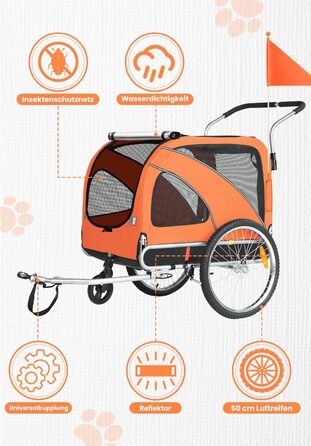 SEPNINE® Причіп для собак XL 2-в-1, велосипедний та візок для собак до 40 кг, складний з гальмами та з'єднувачем для середніх та великих собак - Синій (Помаранчевий)