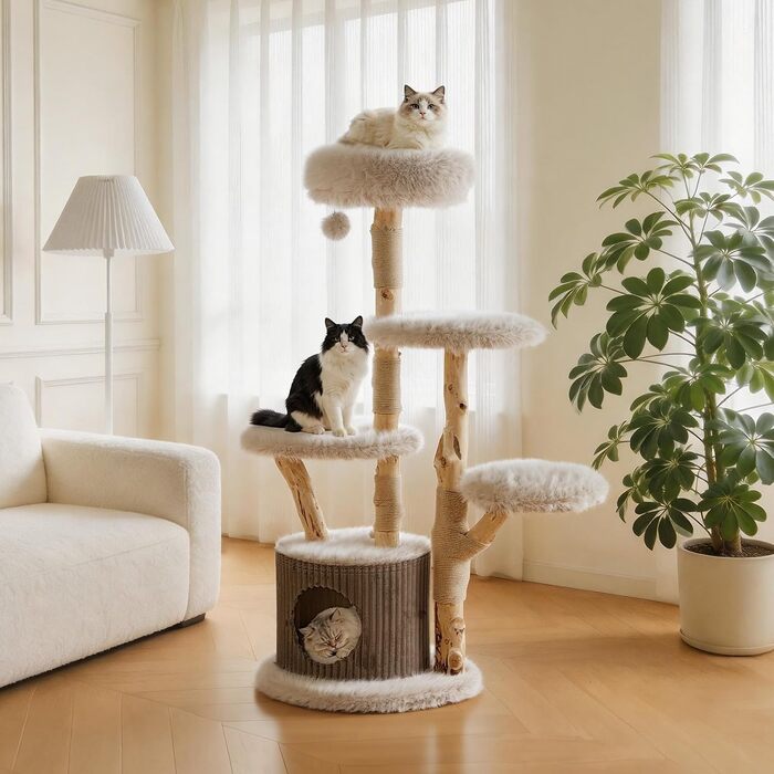 Дряпачка для котів Fudajo Forest Tree 137-146 см, ігровий комплекс у стилі натурального дерева з будиночком, ліжками та іграшковим м'ячем