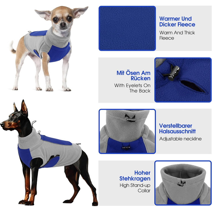 Теплий флісовий пуловер для собак - зимовий пуловер з подвійним шаром, розмір L, обхват грудей 48 см, обхват шиї 33 см, блакитний