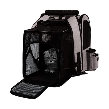 Розширюваний рюкзак для котів | Транспортна сумка для котів – переноска для домашніх тварин, розтягувана, дихаюча, складна, для подорожей, піших прогулянок, транспортування сірого кольору (з чорною основою)