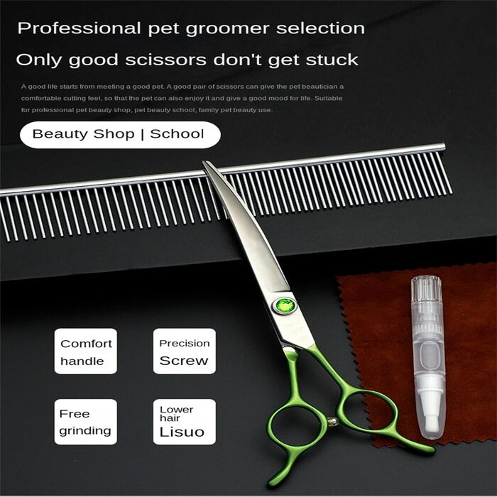 Ножиці для грумінгу собак, вигнуті - 7.0' з японської нержавіючої сталі. Ідеальні для догляду за шерстю собак та котів. Зелені ножиці для грумінгу.