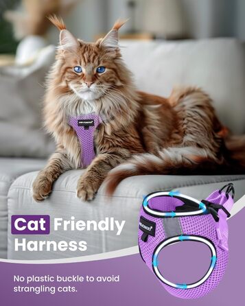 Шлейка для котів FAYOGOO вибухозахисна з повідком, шлейка для котів анти-вислизання та регульована, повідок для котів з відбиваючими смугами для безпеки та комфорту вночі, M (фіолетовий, L (упаковка з 1))