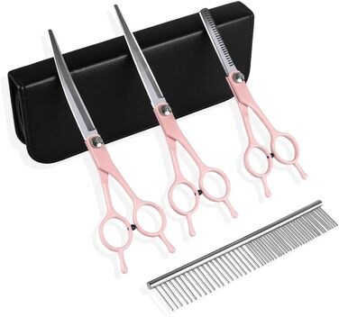 Набір професійних ножиць для грумінгу собак та котів 5-в-1, нержавіюча сталь, з гребінцем для догляду за шерстю (Рожевий)