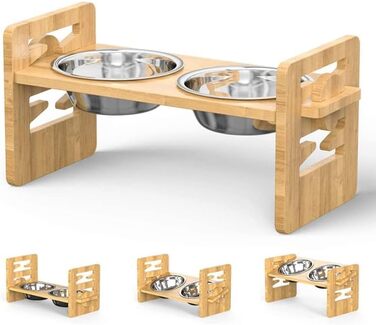 Підвищений годівниця для собак та котів 2-в-1, 4 регульовані висоти, антиковзкий стійкий підставка з нержавіючою чашею, підходить для всіх порід (бамбук)